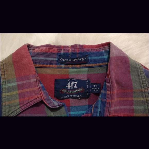 VINTAGE Colorful Plaid 417 Over Easy Van Heusen Long Sleeve Button Up Shirt - Picture 7 of 9